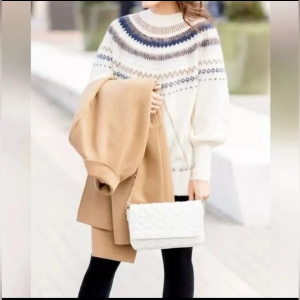 J Crew Fair Isle Yoke Puff Sleeve Sweater Women's M Cream Wool Alpaca Casual ✨